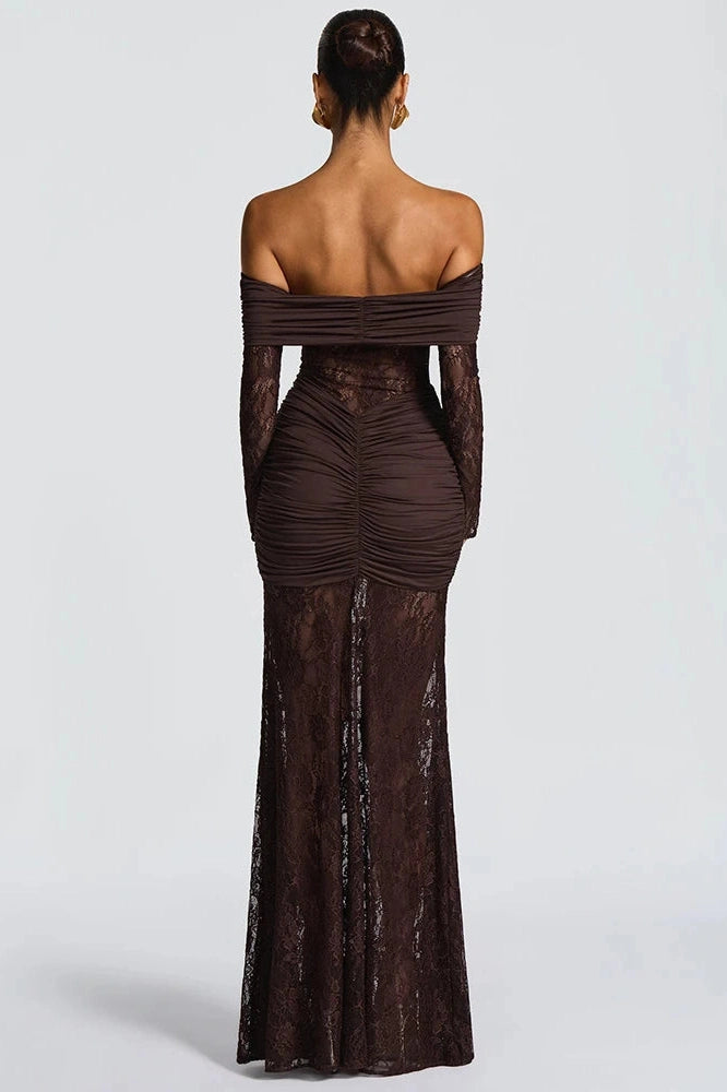 Glorol - Off-Shoulder Long Sleeve Lace See Through Strapless Bodycon Maxi Dress