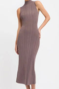 Glorol - Elegant Knitted Turtleneck Sleeveless Bodycon High Waist Maxi Dress