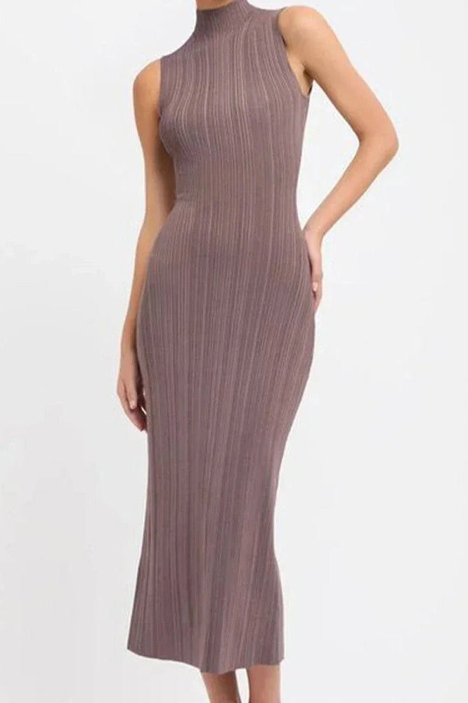 Glorol - Elegant Knitted Turtleneck Sleeveless Bodycon High Waist Maxi Dress