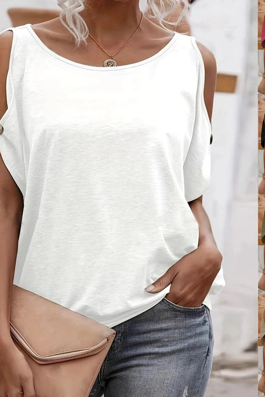 Glorol - Hollow Shoulder Round Neck Loose Slim Top