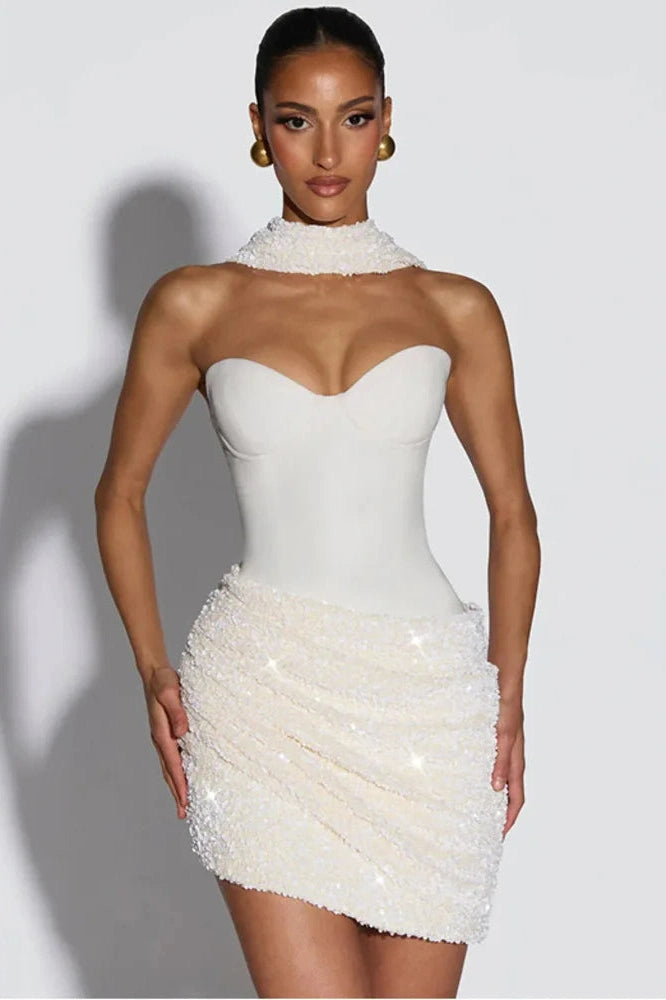 Glorol - Scarf Collar Off-Shoulder Backless Sleeveless Mini Dress