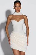 Glorol - Scarf Collar Off-Shoulder Backless Sleeveless Mini Dress