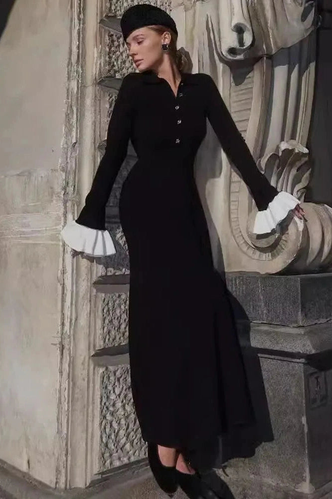 Glorol - Elegant Flare Sleeve Knitted High Waist Button Maxi Dress