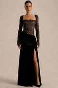 Glorol - Lace Velvet Square-Neck See Through Long Sleeve Split Maxi Dress