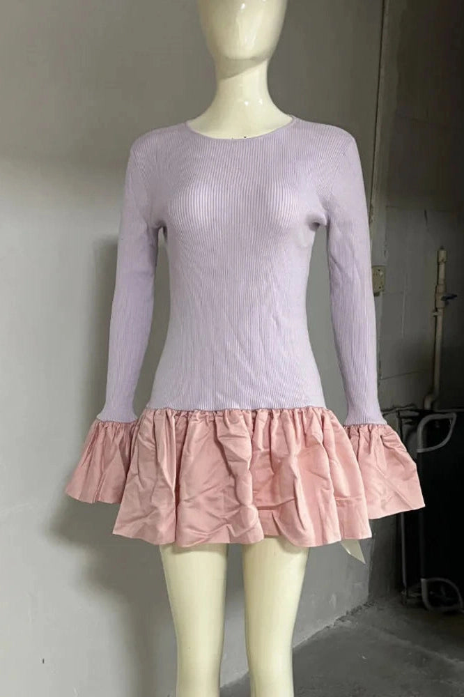 Glorol - Long Flare Sleeve Patchwork O-Neck A-line Mini Dress