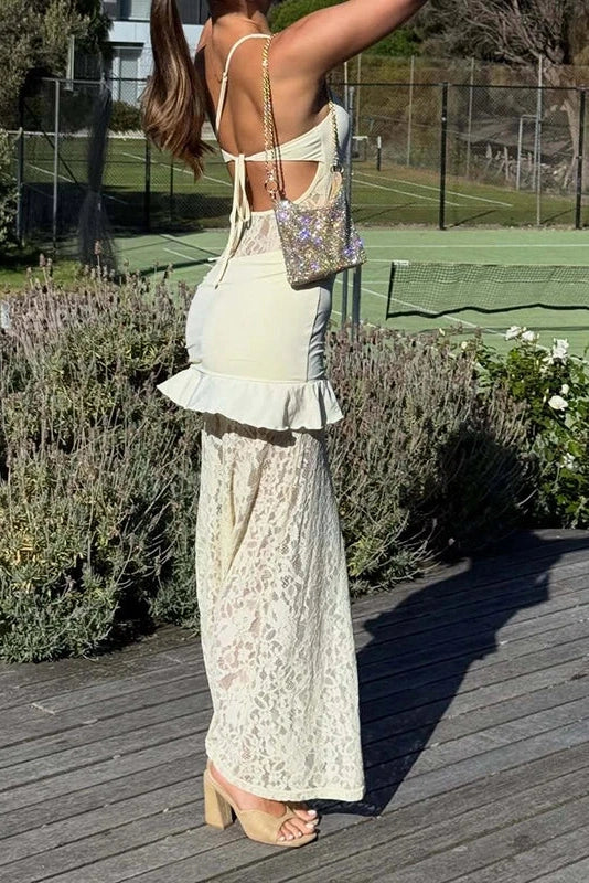 Off Shoulder Slash Collar Lace Fit Maxi Dress