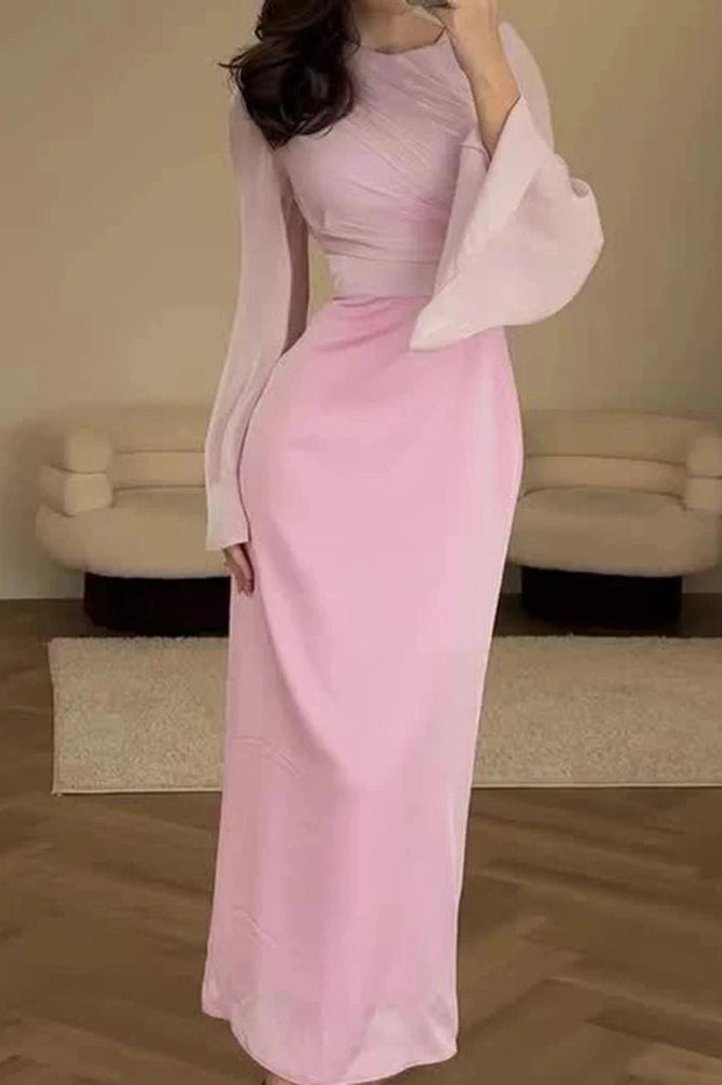Glorol - Elegant O-Neck Long Sleeve Slim Maxi Dress