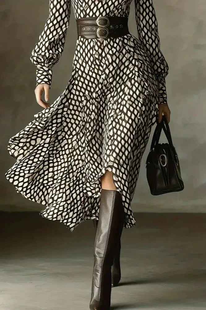 Glorol - Elegant Pleated High Waist Printed Long Sleeve Midi Dress