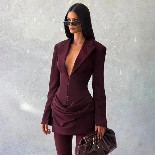 Glorol - Deep V Neck Long Sleeve High Waist Mini Dress