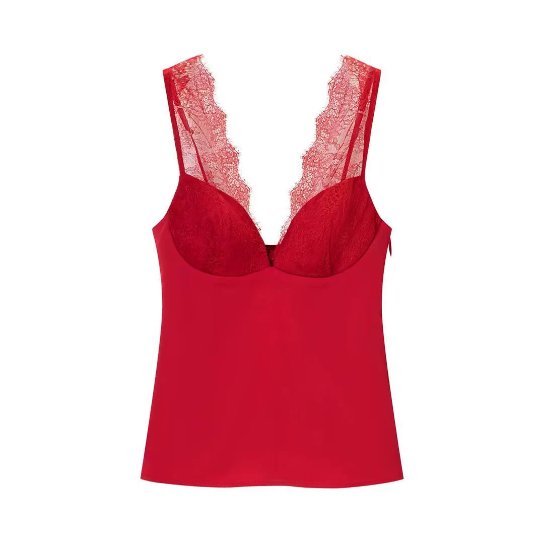 Glorol - Lace Backless V-Neck Slim Top
