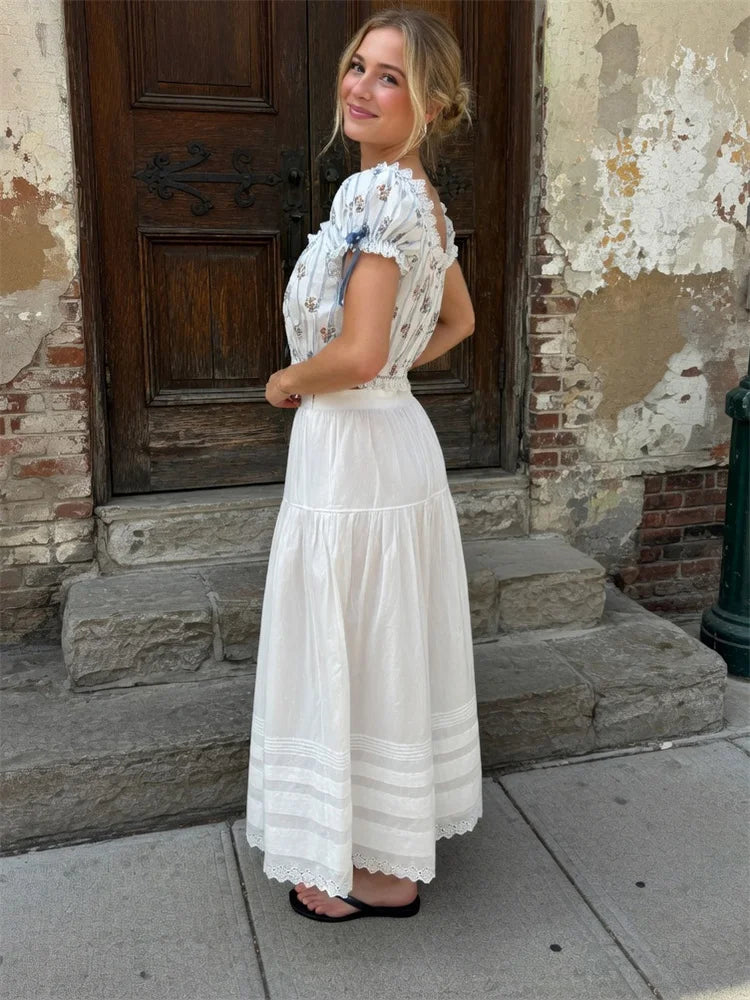 Glorol - High Waist Pleated Loose Lace Skirt