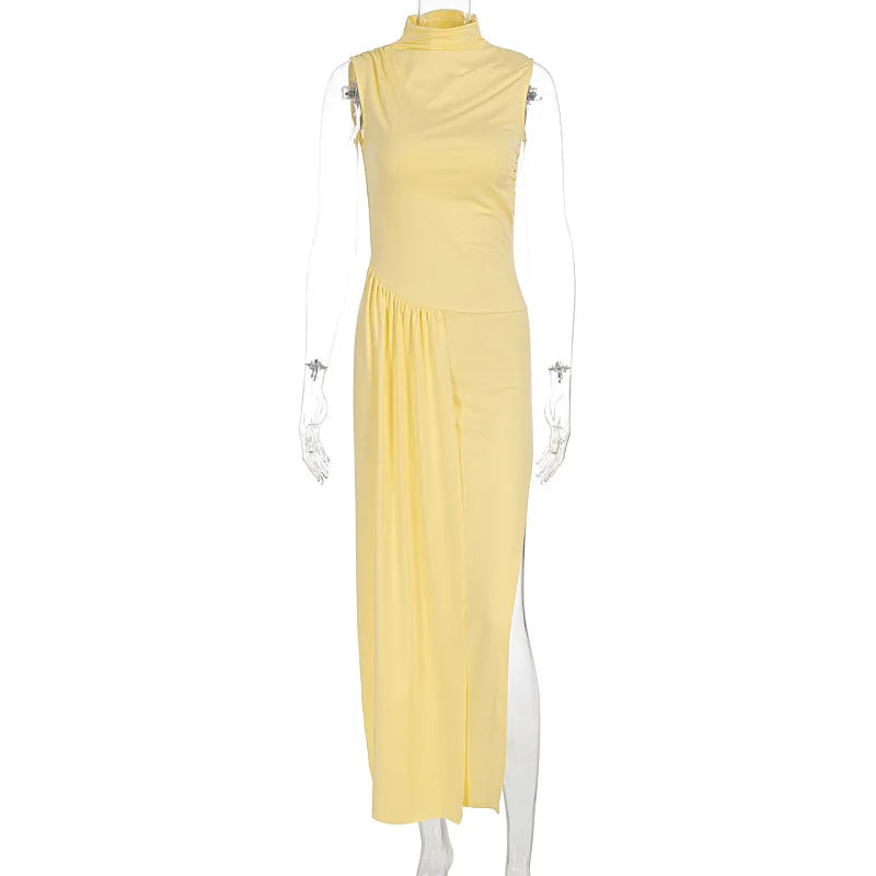 Glorol - Pleated Sleeveless High Slit Maxi Dress