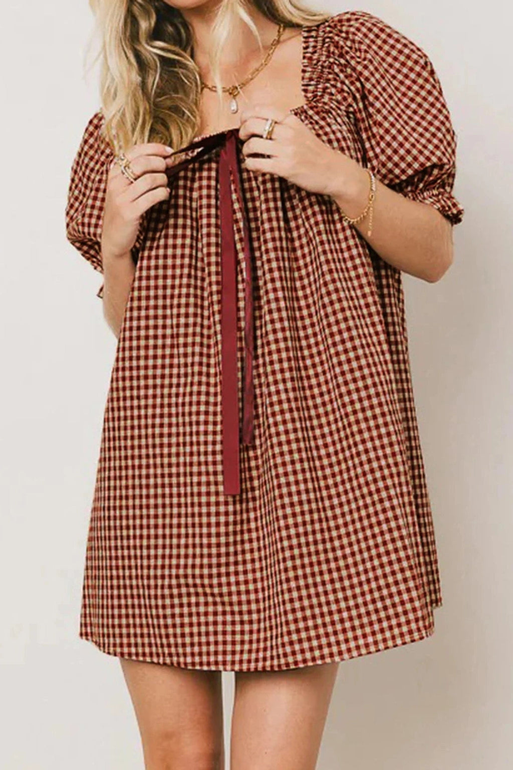 Glorol - Plaid Loose Square Neck Puff Sleeve Mini Dress
