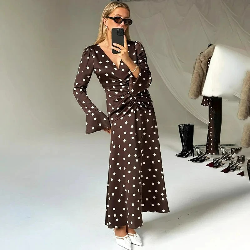 Glorol - Elegant V-Neck Polka Dot Patchwork Maxi Dress