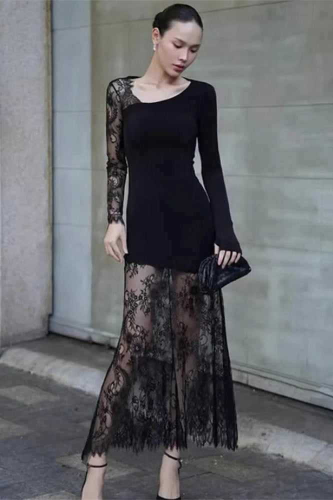 Glorol - Lace Printed See-Through Long Sleeve Maxi Dress