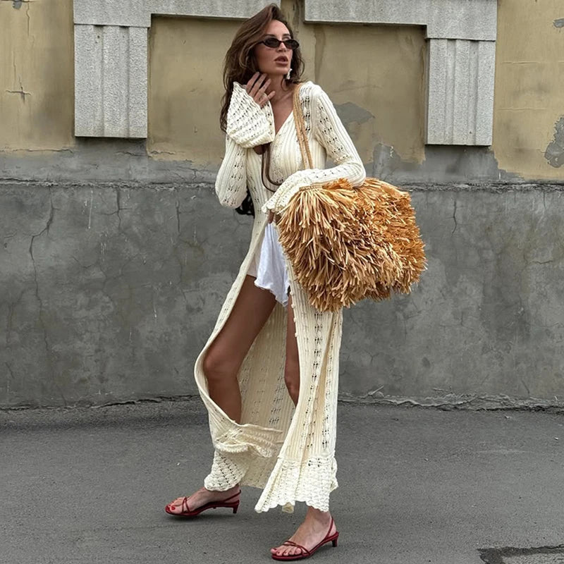 Hollow Knitted Long Sleeve Maxi Dress