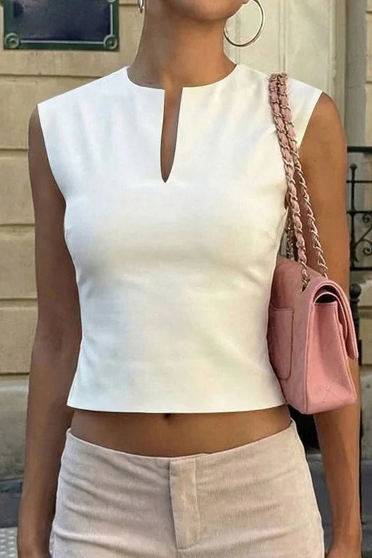 Glorol - Slim V-Neck Sleeveless Patchwork Top