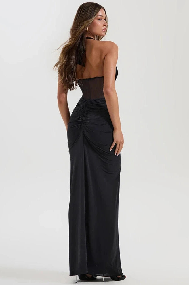 Glorol - Backless V Neck Off-Shoulder Sleeveless Bodycon Maxi Dress