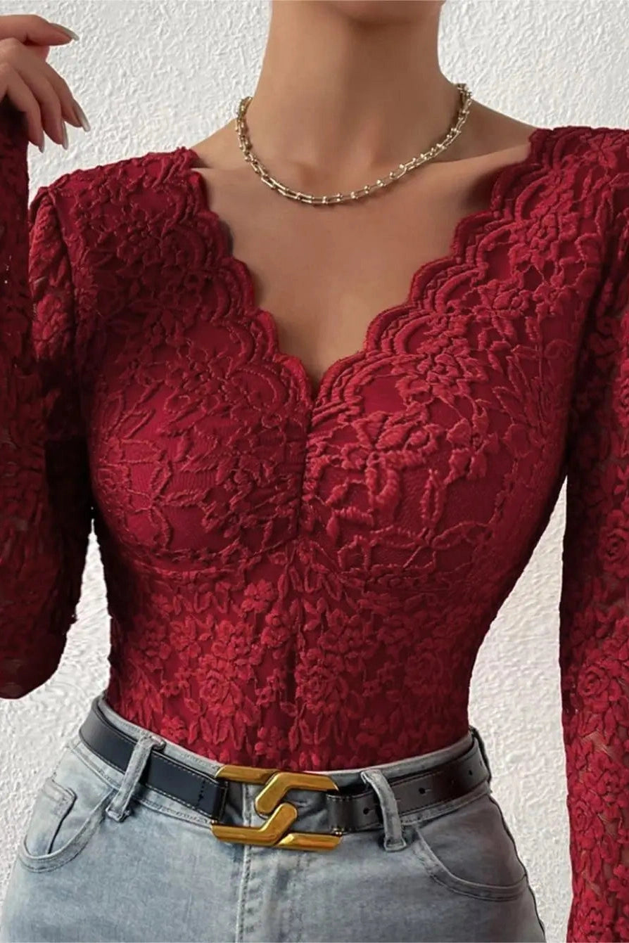 Glorol - Lace Long Sleeve Embroidery V-Neck Jumpsuit
