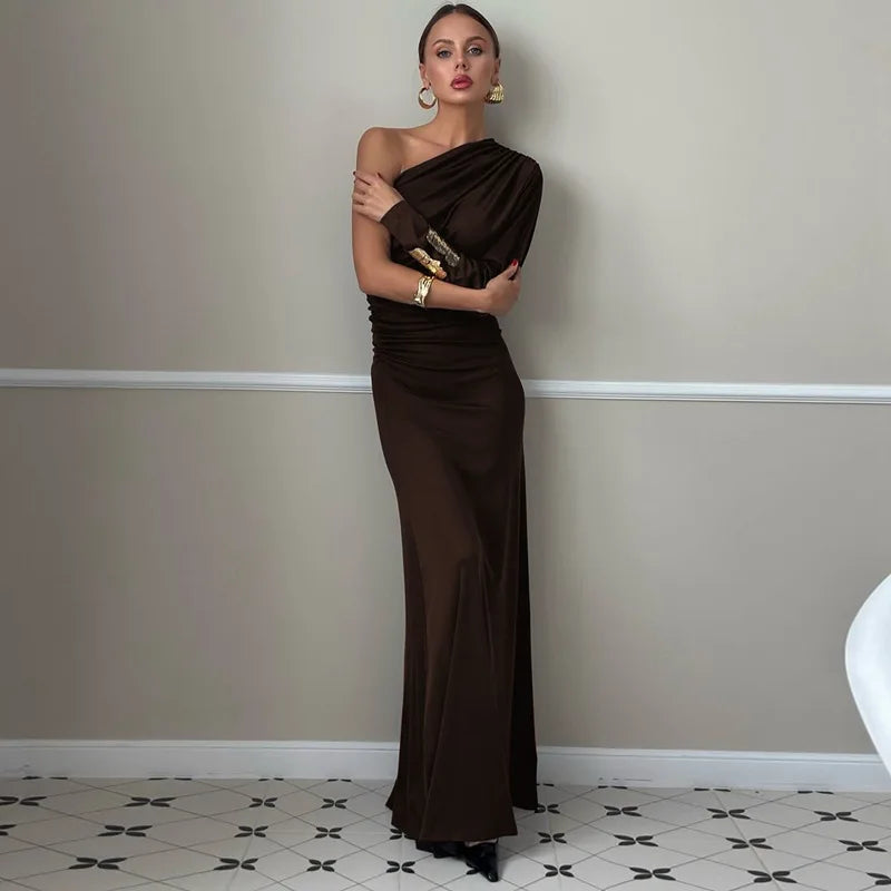 Glorol - Diagonal Collar One-Shoulder Long Sleeve Maxi Dress