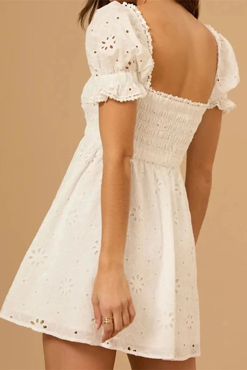 Glorol - Puff Sleeve Square Neck A-Line Mini Dress
