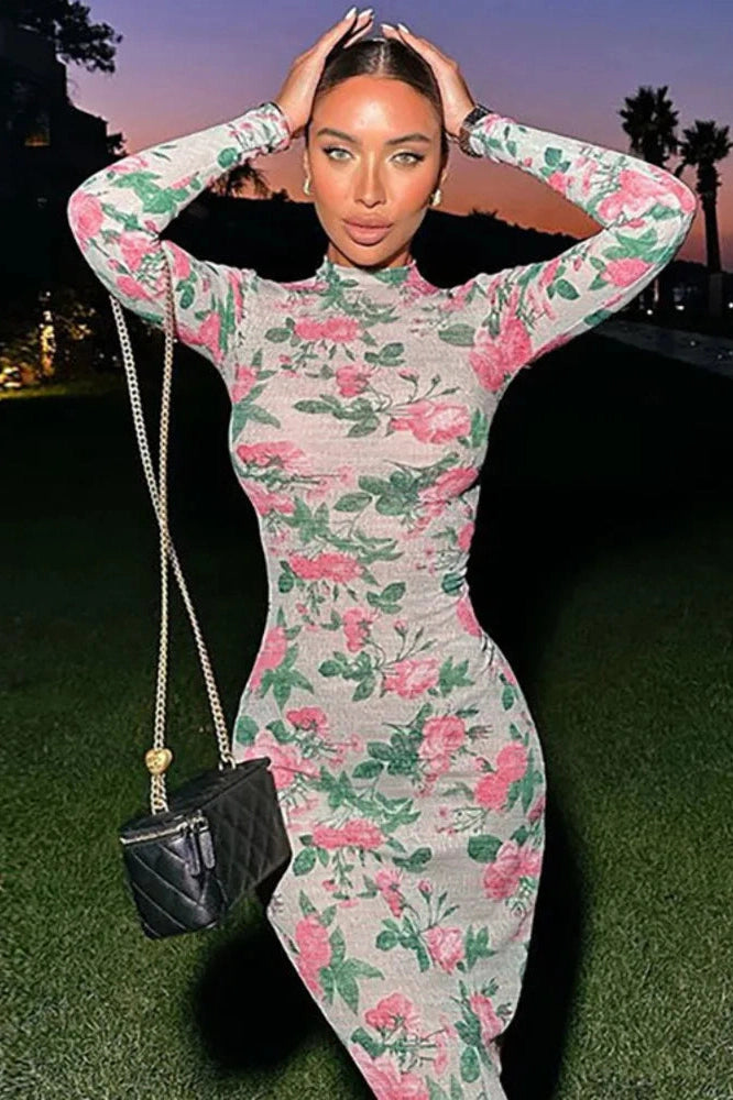 Glorol - Bodycon Long Sleeve Print Zipper Maxi Dress