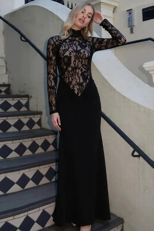 Glorol - Lace Slim See-Through Long-Sleeved High-Waisted Maxi Dress