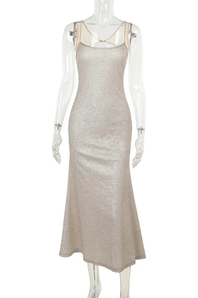Glorol - Sleeveless Sparkle Backless High Waist Bodycon Maxi Dress