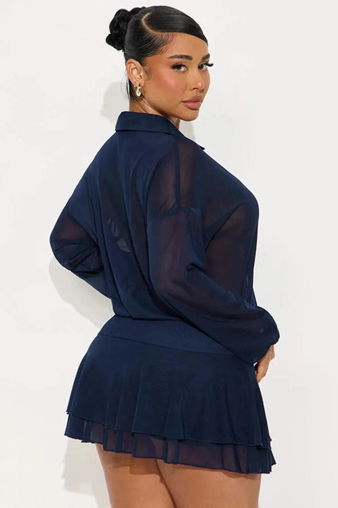 Glorol - See Through Long Sleeve Single-Breasted Mini Dress