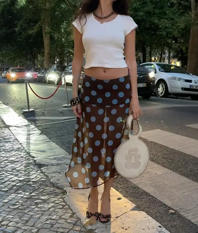 Glorol - Elegant Dot Print A-Line Skirt