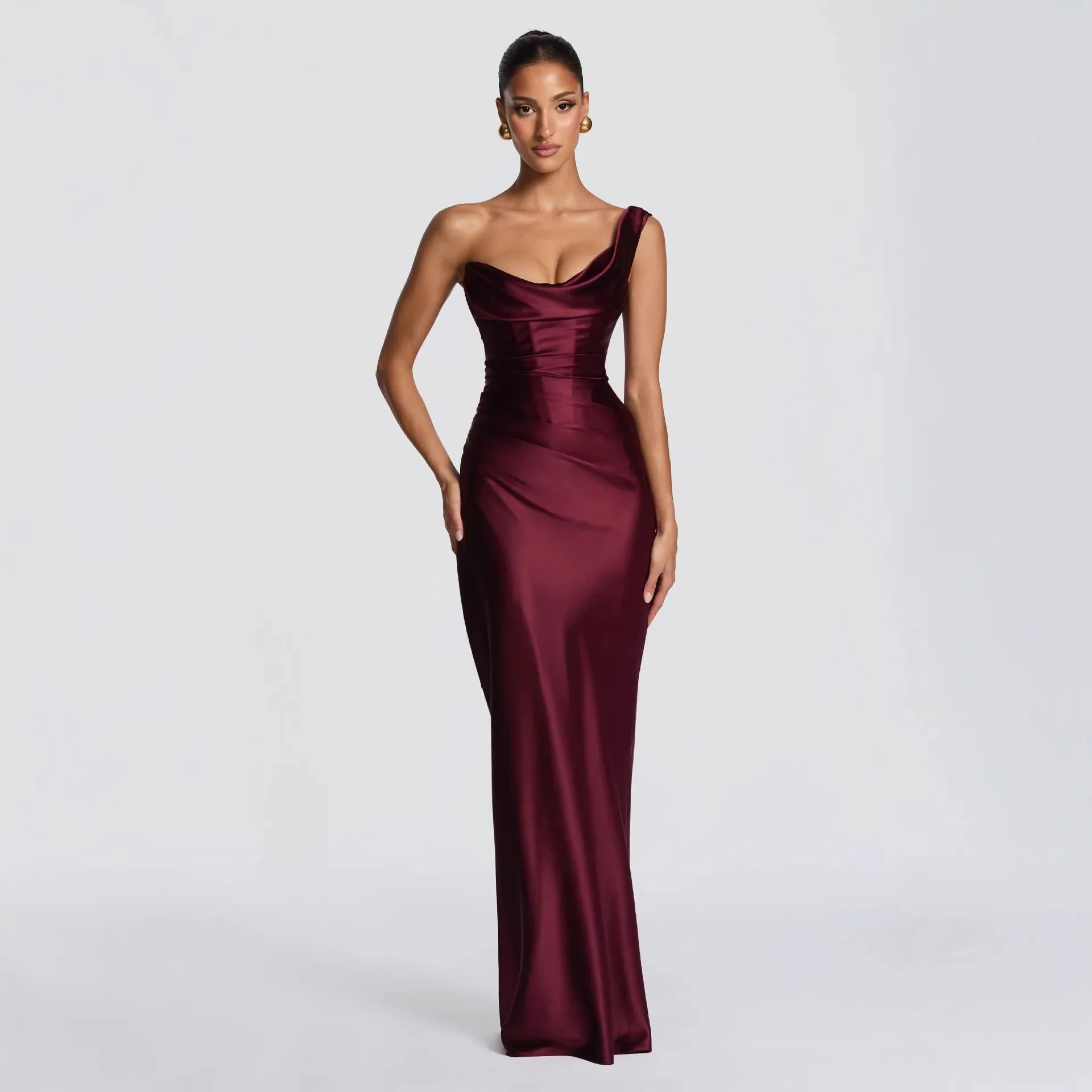 Glorol - One Shoulder Sleeveless Pleated Lace-Up Maxi Dress