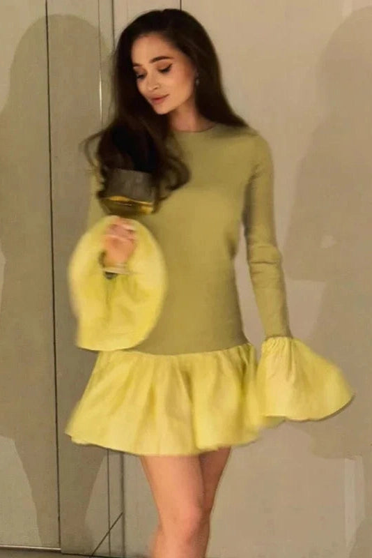 Glorol - Elegant Knitted Long Sleeve A-Line Bodycon Mini Dress