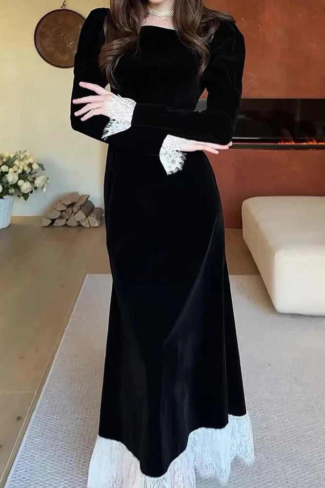 Glorol - Elegant Long Sleeve High Waist Lace Maxi Dress