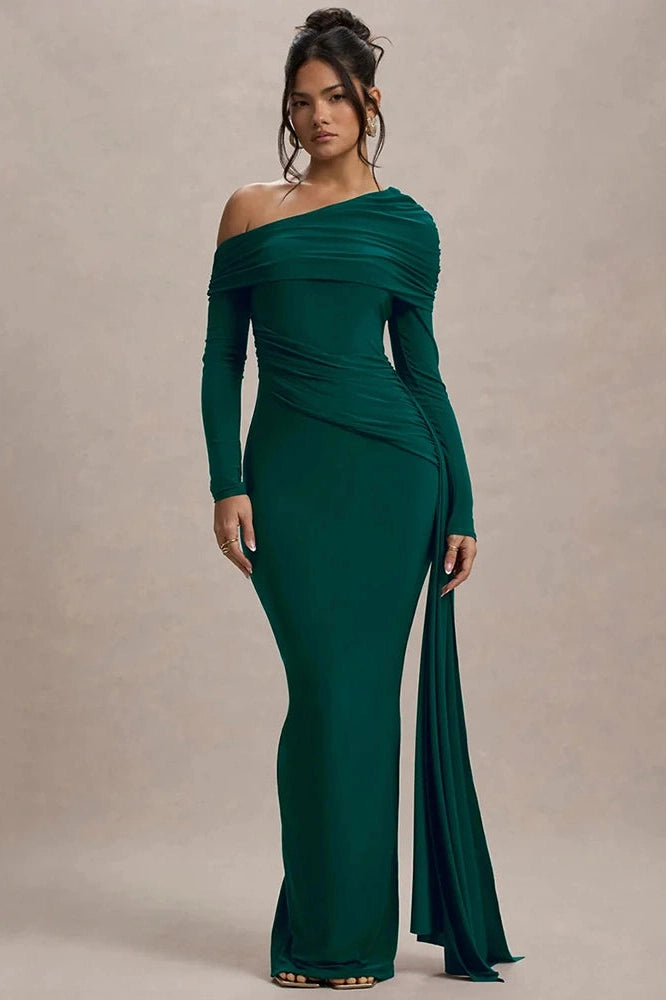 Glorol - Skew Collar Long Sleeve Backless Bodycon Maxi Dress