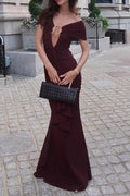 Glorol - Hollow Out Slash Collar Slim High Waist Pleated Maxi Dress