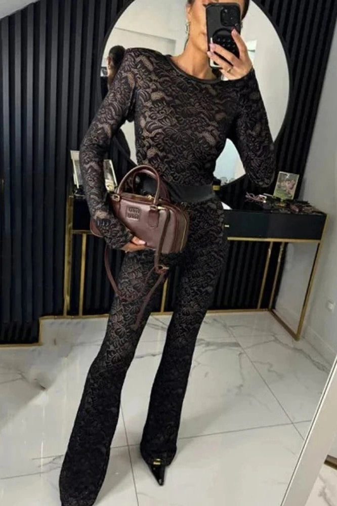 Glorol - Lace Print Long Sleeve Two Layer Jumpsuit