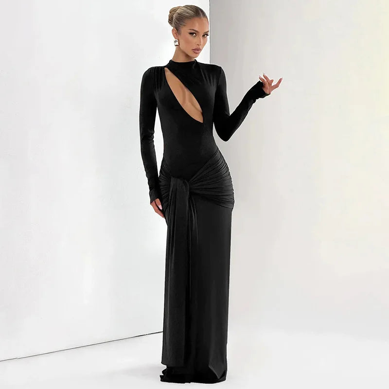 Glorol - Hollow Out Slim Long Sleeves Maxi Dress