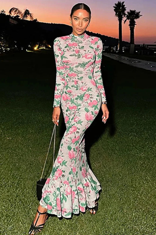 Glorol - Bodycon Long Sleeve Print Zipper Maxi Dress