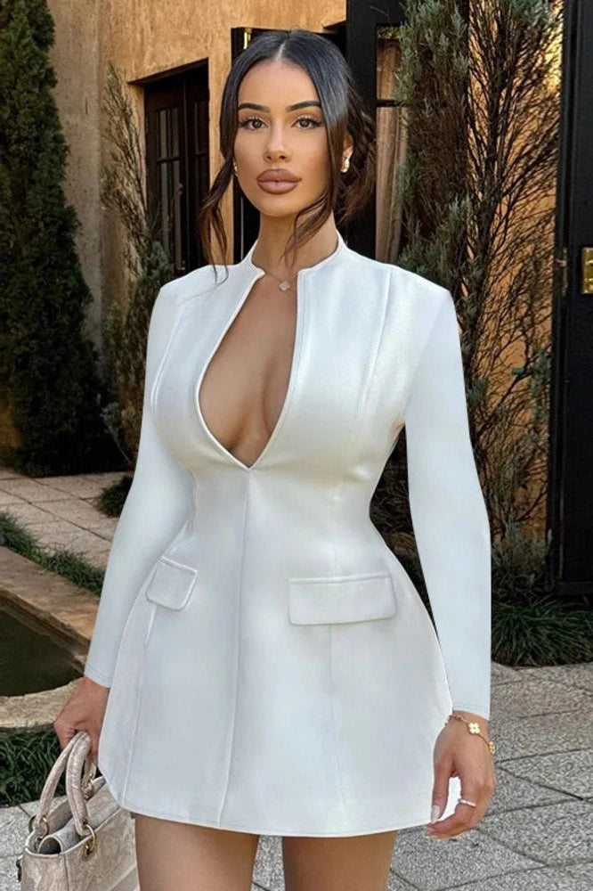 Glorol - Long Sleeve Deep V Neck A-line Mini Dress