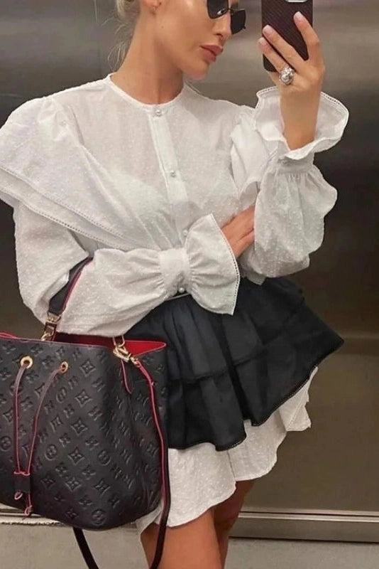 Glorol - Flare Sleeve High Waisted Patchwork Mini Dress