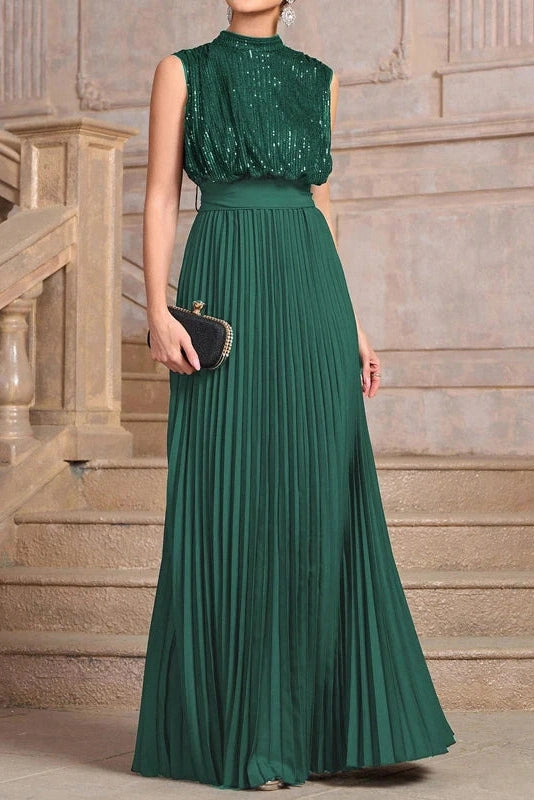 Glorol - Sleeveless Pleated High Waist O-Neck Maxi Dress