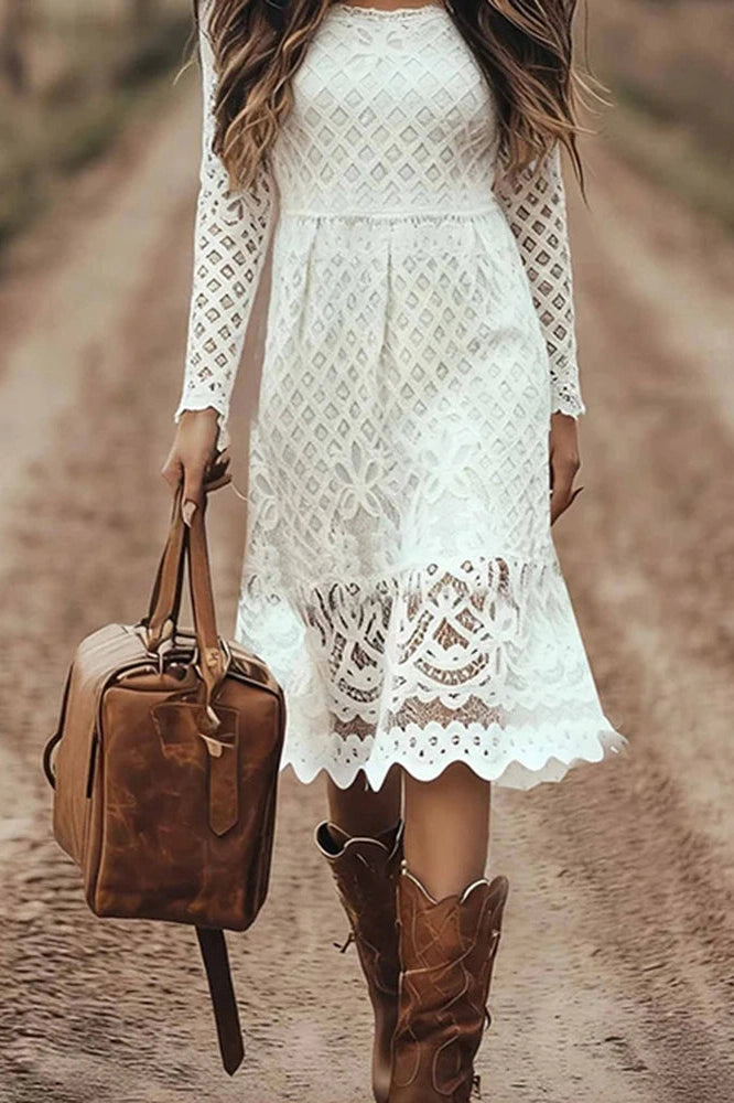 Glorol - Lace Embroidery U-Collar Long Sleeve High Waist Midi Dress