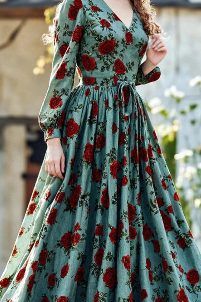 Glorol - Elegant Long Sleeve Slim Pleated V-Neck Printed Maxi Dress