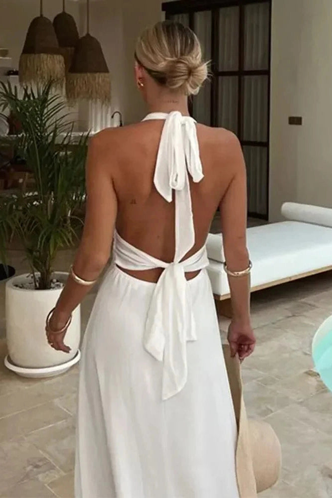 Glorol - Elegant Backless Lace Up High Waist Split Maxi Dress