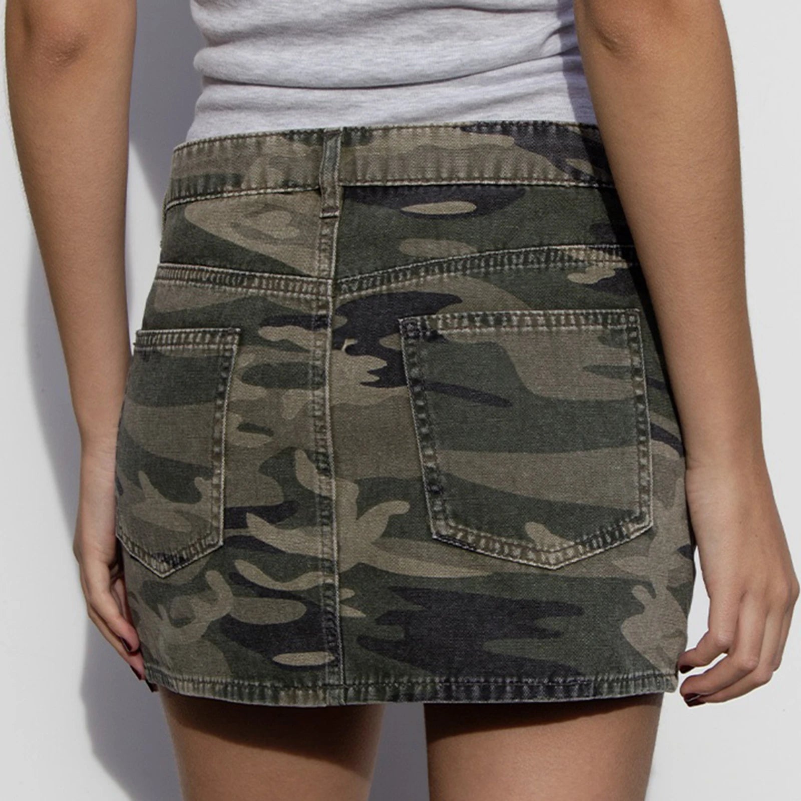 Glorol - Low Waist Camouflage Print Denim Skirt