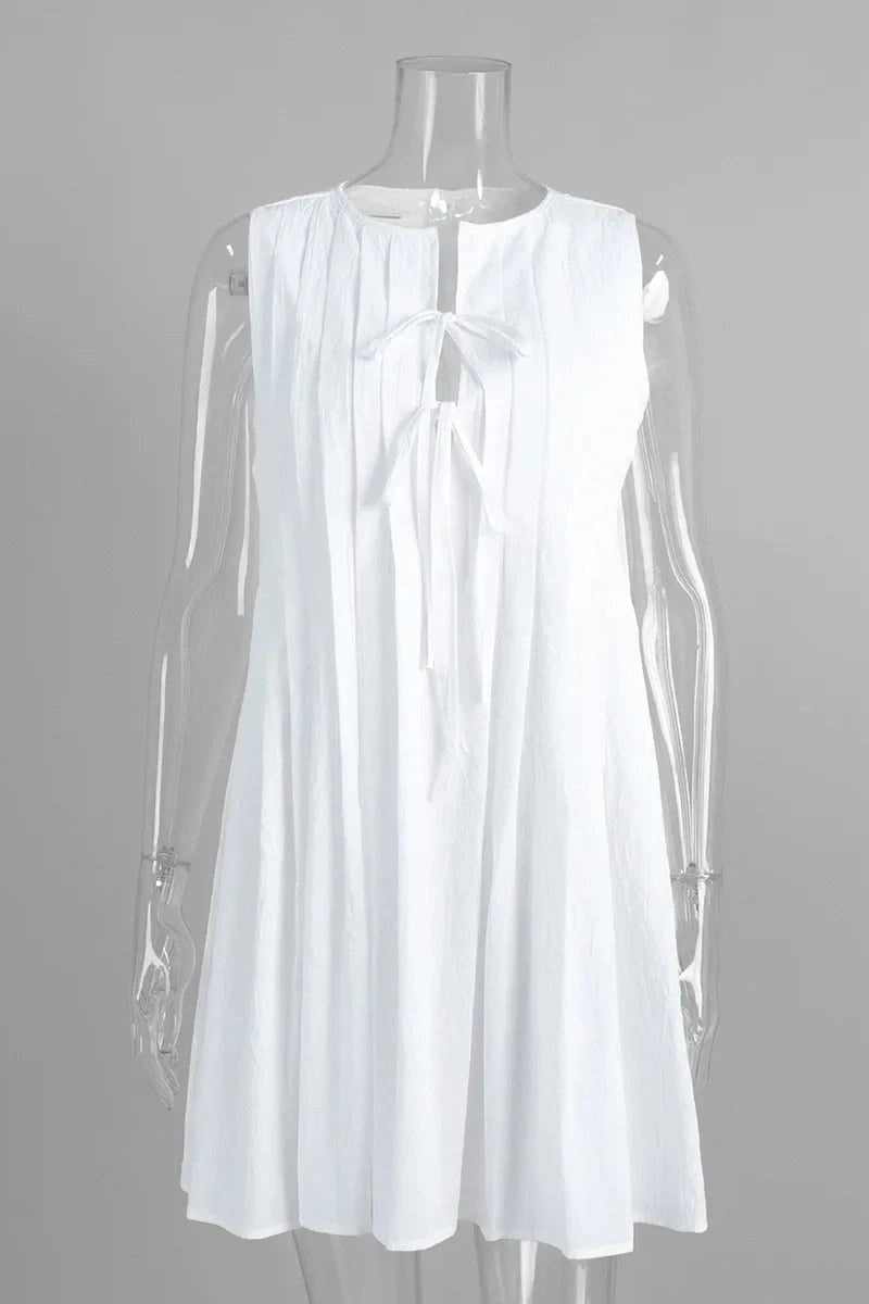 Glorol - Elegant Loose Pleated Lace-Up Mini Dress