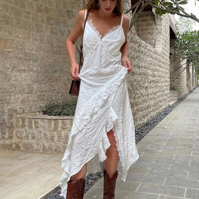 Glorol - Lace Patchwork Backless Lace-Up High Waist Maxi Dress