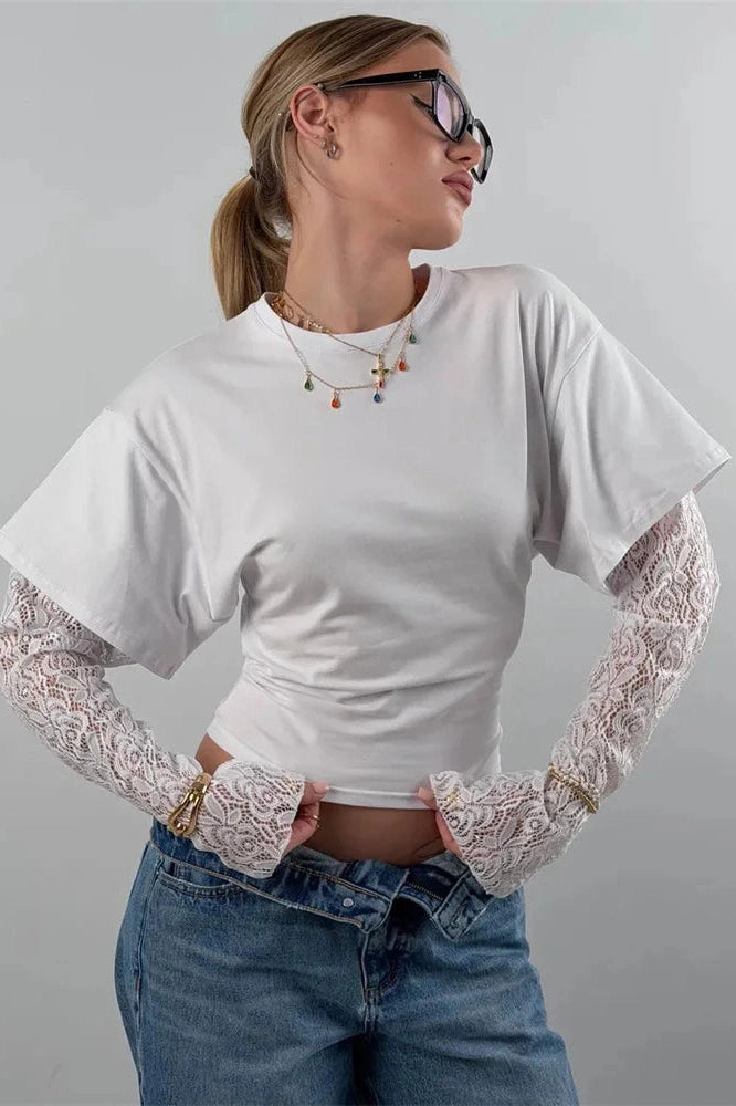 Glorol - Lace Long Sleeve Printed High Waist Top