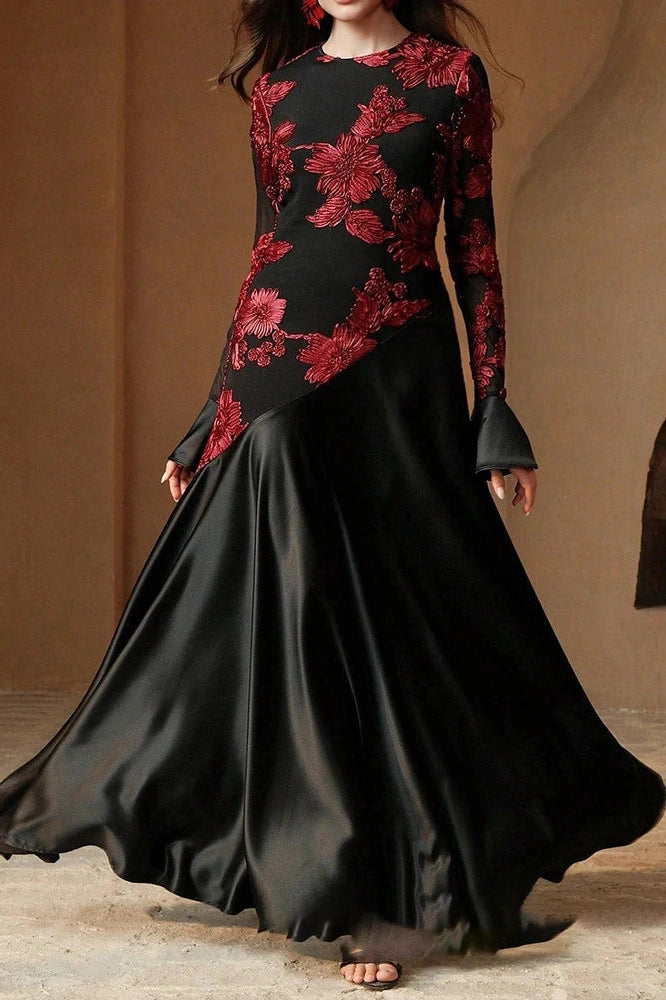 Glorol - Elegant High Waist O-Neck Flare Sleeve Pleated Maxi Dress