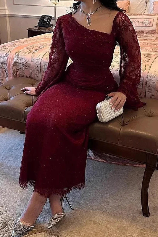 Glorol - Elegant Lace Slim Slash Collar Long Sleeve Irregular Maxi Dress